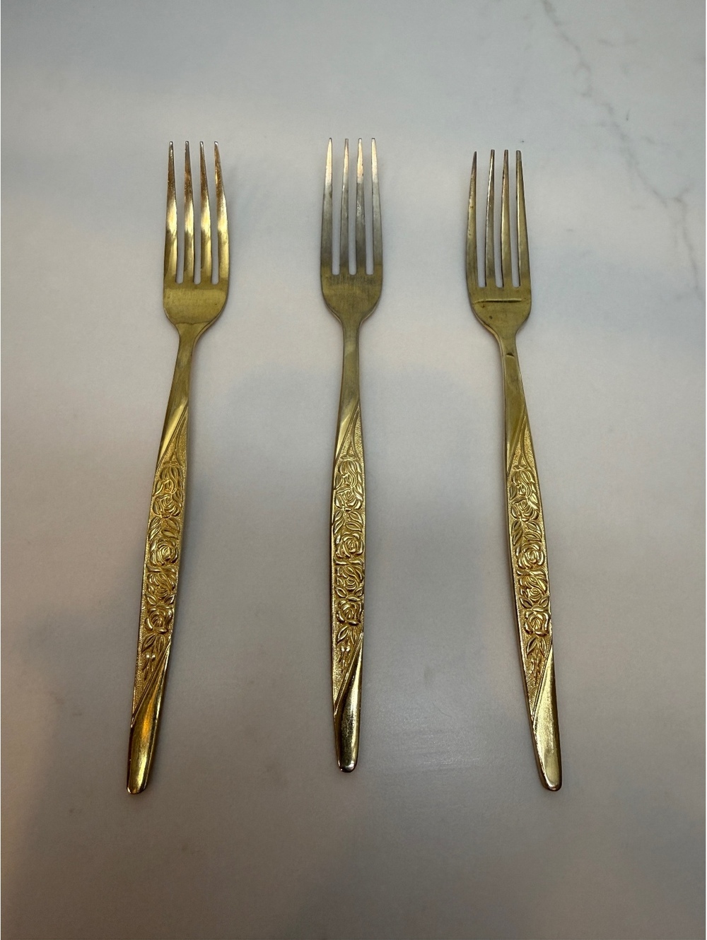 Set of 3 Vintage Oneida Gold Tone Floral Pattern Forks
